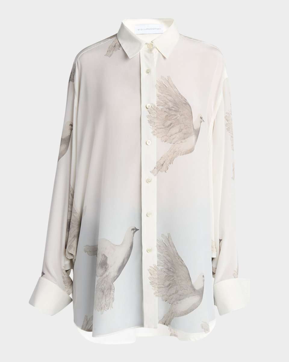 Bird Print Oversized Silk Top